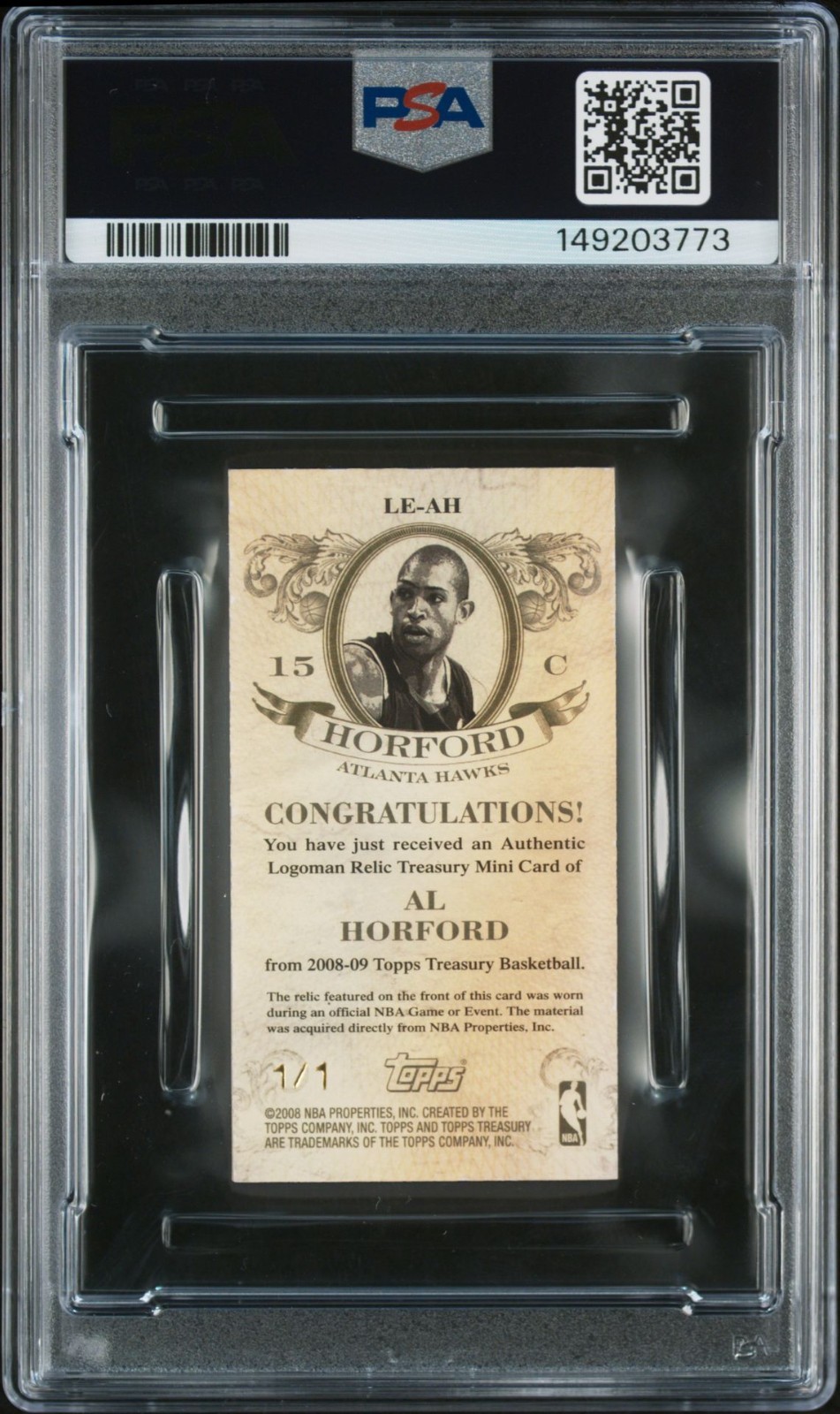 Al Horford 2008-09 TOPPS TREASURY MINI EXCLUSIVES GU LOGOMAN PATCH 1/1 PSA 7 view 2