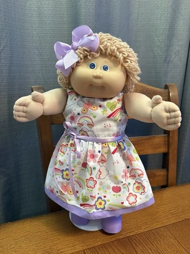 1980s Cabbage Patch Kid KT Blonde Hair Blue Eyes Clouds Rainbow Dress Cute