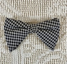 Vintage 1970s Big Butterfly Bow Tie Black and White Checked Polyester Clip-On