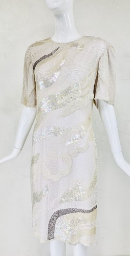 Vintage Modi Off White Champagner Seide Perle Pailletten Abend Cocktail Hochzeitskleid, S - Bild 10 von 12