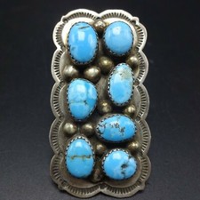 NAVAJO Hand-Stamped Sterling Silver KINGMAN TURQUOISE Cluster RING size 7