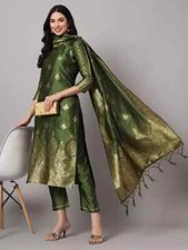 Women Bollywood Silk Blend Kurta Set Indian Party Wear Kurti Pant Dupatta Set