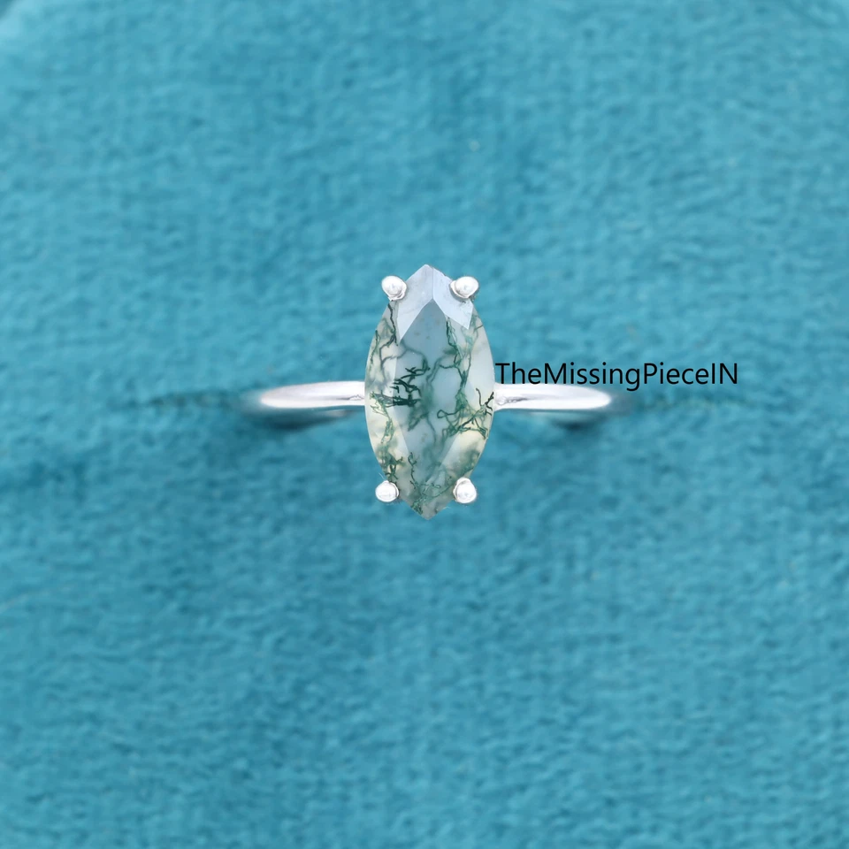 Natural Moss Agate Ring Simple Marquise Cut Solitaire Ring Women's Ring Jewelry - Image 2 of 4