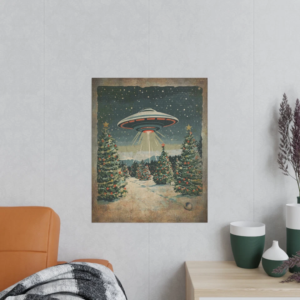 Póster de árbol de Navidad OVNI, arte de pared extraterrestre de Navidad, orbe de ciencia ficción retro decoración navideña Foto 4 de 4