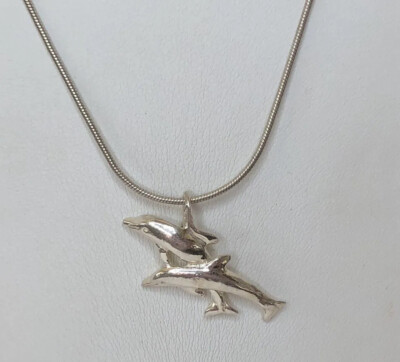 STERLING SILVER 925 Dolphins Dolphin Pendant 18” Italy Snake