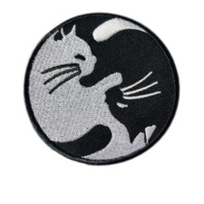 YIN YANG CATS IRON ON PATCH 3" Round Embroidered Applique Black White Zen Kitty