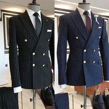 Men's Fashion Double Breasted Blazer Striped Peak Lapel Suit Jacket Business New