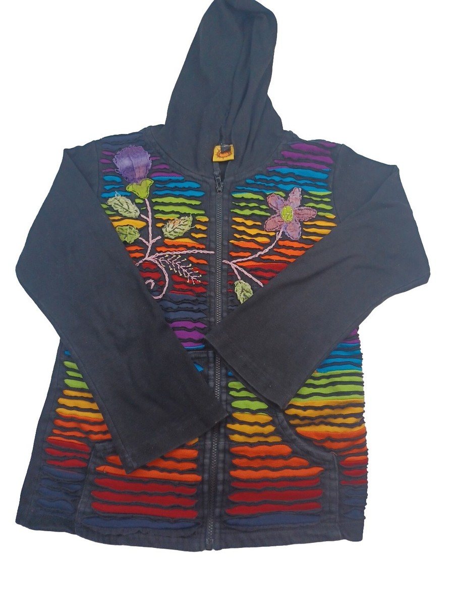 Karma Circle U.S.A Rainbow Full Zip Hoodie Floral Made In Nepal