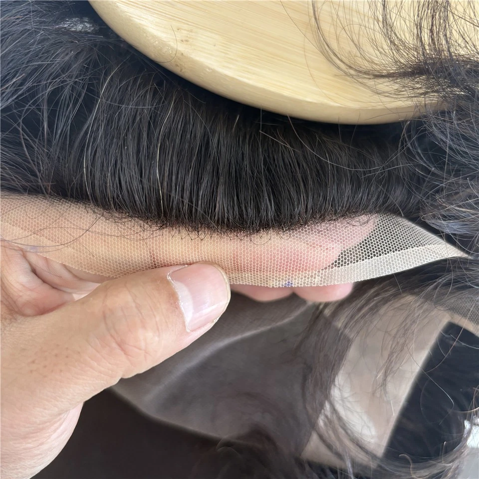 Pelucas de pelo negro liso Remy indio mono encaje toupee cabello humano para hombre Foto 2 de 4