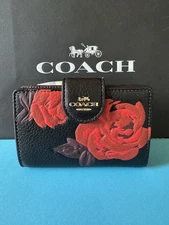 NWT Coach Medium Corner Zip Wallet With Floral Print Leather Black/ Red