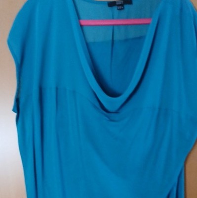 Damen Top Gr. 44 blau ärmellos Basic uni Wasserfallausschnitt
