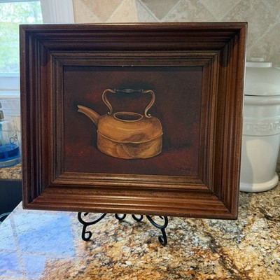 Signed Framed Copper Kettle Wall Art Canvas Painting Rustic Farmhouse Still Life