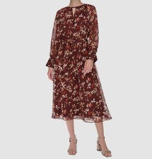 Calvin Klein Women's Brown Floral Round Neck Long Sleeve Self-Tie Dress Size 6