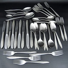 Vtg Sears Fashion Stainless Flatware Lot Rose Texture Gloss 34 Pieces w/ Serving