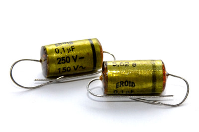 Pair of MIL spec ROE type EROID Film-Capacitor f. Tube Amps, 0.1 μF / 250 V, NOS