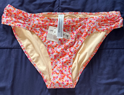 Amazon Essentials Womens XL Ruched BikinBotm w/liner Peach Micro Floral UPF 50+