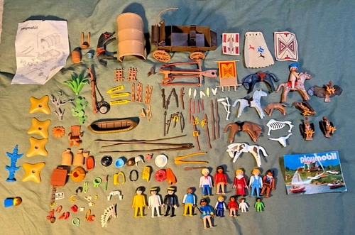 VINTAGE LOT OF PLAYMOBIL WESTERN, FIGURES, STAGECOACH, HORSES, NATIVE