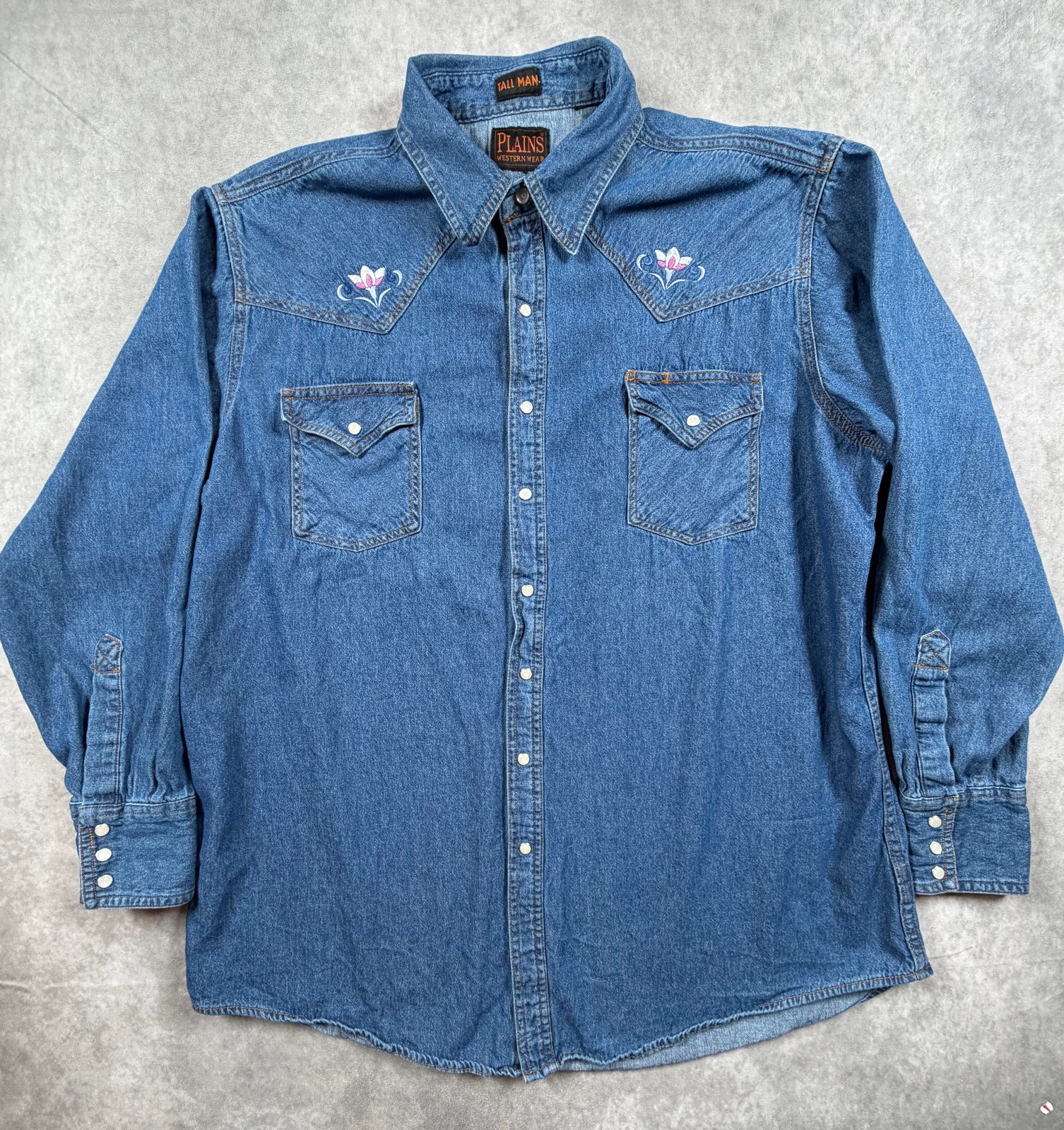 Plains Western Wear Vintage Men Tall Denim Pearl Snap Western Shirt XL