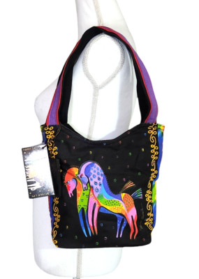 Laurel Burch Small Scoop Tote Bag Rainbow Horses on Black Canvas with Charm