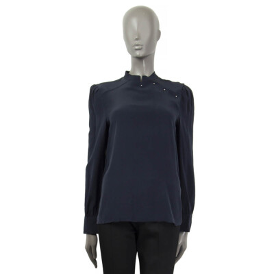 66088 auth PRADA midnight blue silk CHEONGSAM Blouse Shirt S
