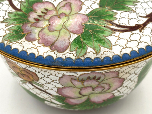 Vintage chinesische Cloisonné Emaille auf Bronze Deckelschale Schmuckschale Floral türkis - Bild 18 von 21