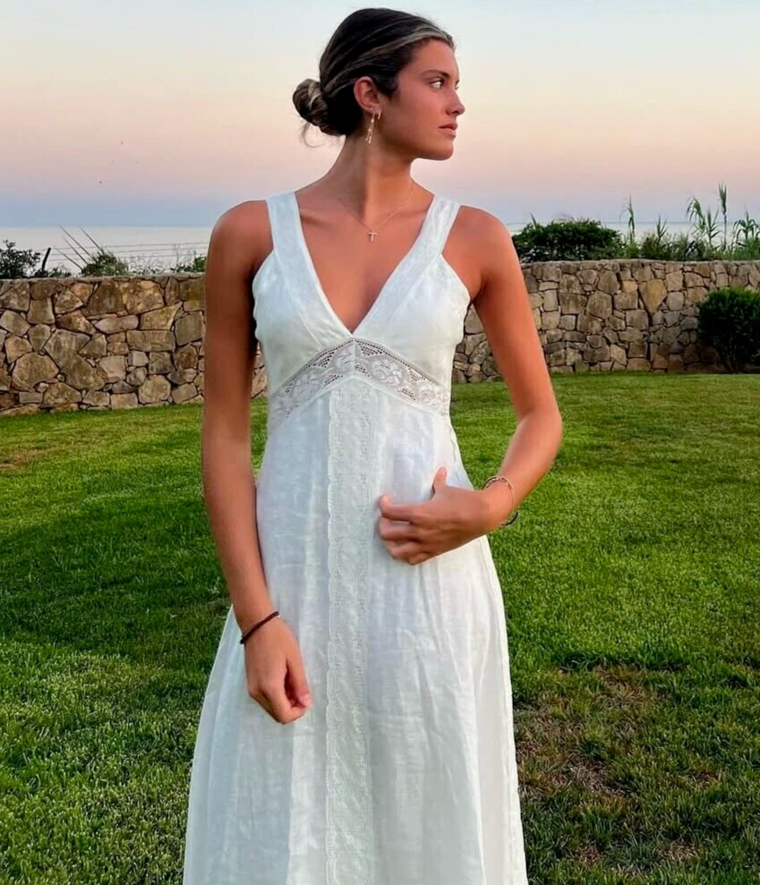 Zara ZW Collection Long 100% Linen V-Neck Slip Dress White