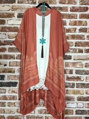 Plus Size Boho Mandala Rust Kimono Cardigan Hippie Duster S-3X