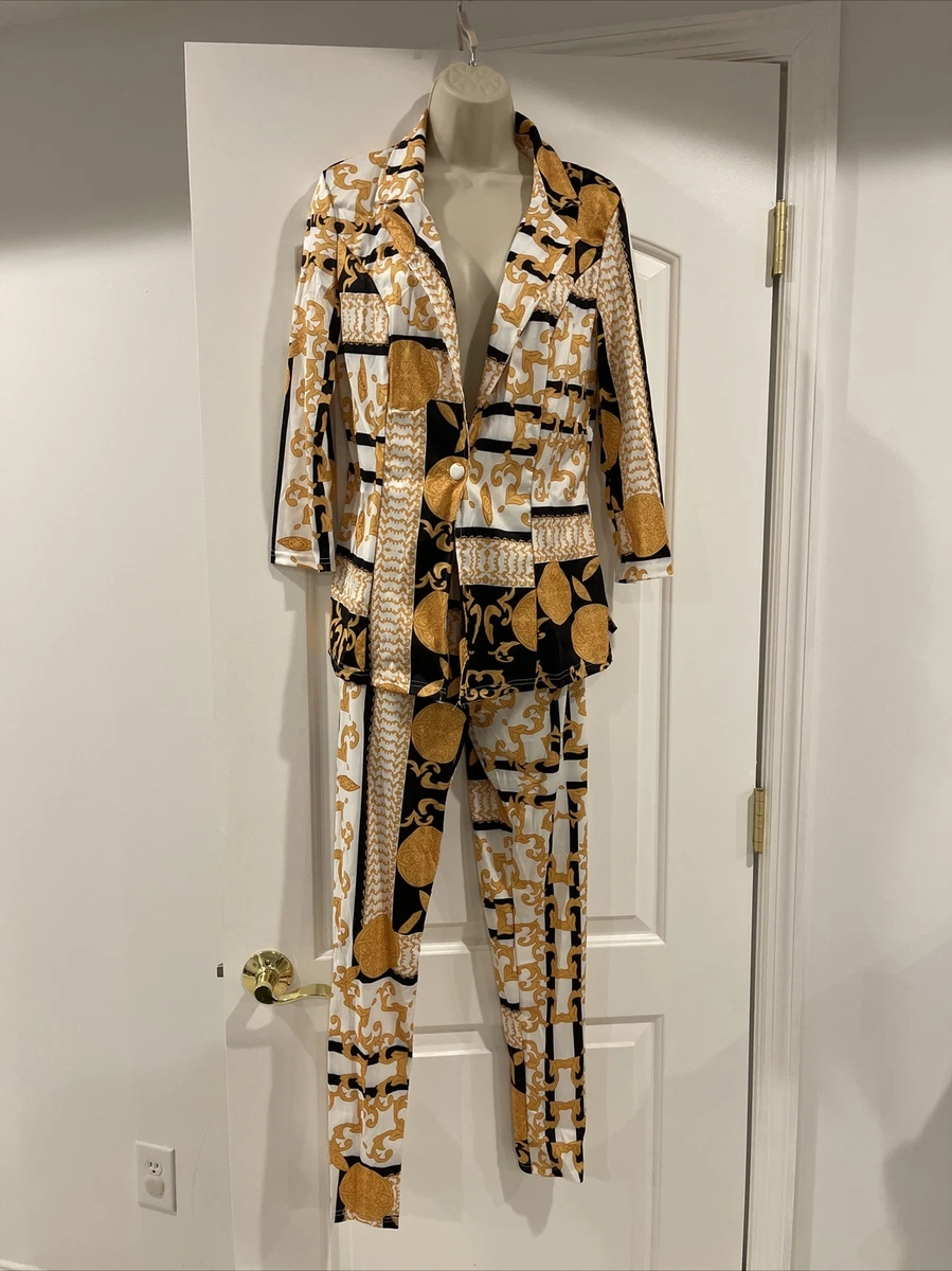 Womens Size L Palazzo Outfit Classic Print Two Piece Blazer Top