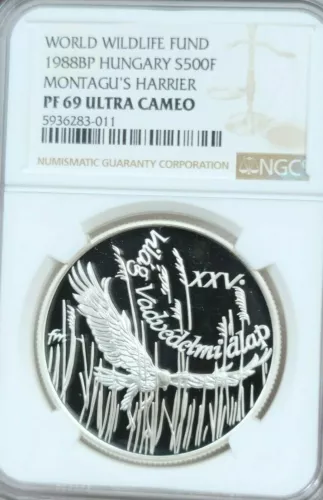1988 HUNGARY SILVER 500 FORINT MONTAGUS HARRIER NGC PF 69 ULTRA CAMEO TOP POP !