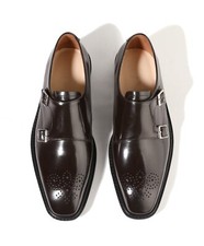 Image of Firenze Atelier Men's Handmade Brown Leather Monk Strap Oxford Dress Shoes