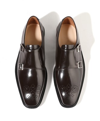 Firenze Atelier Men's Handmade Brown Leather Monk Strap Oxford Dress Shoes 