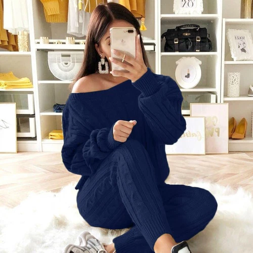 Women Cable-knit Loungewear Sweater & Pants Set Casual Outfits 2 Pcs Size - Picture 2 of 45