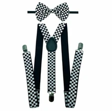 Checker Style Bow Tie & Suspender Set Tuxedo Wedding Formal Men's Accessories 