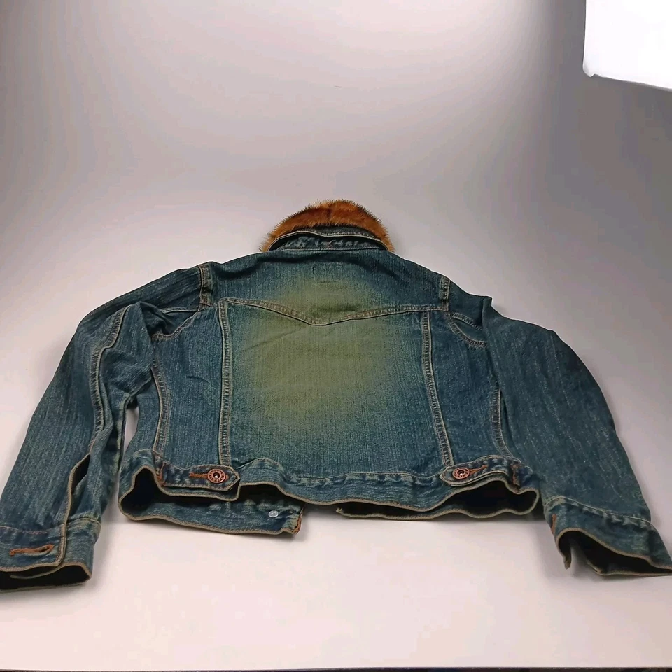Chaqueta de mezclilla vintage Y2K Route 66 para mujer S azul cuello de piel extraíble algodón Foto 3 de 4