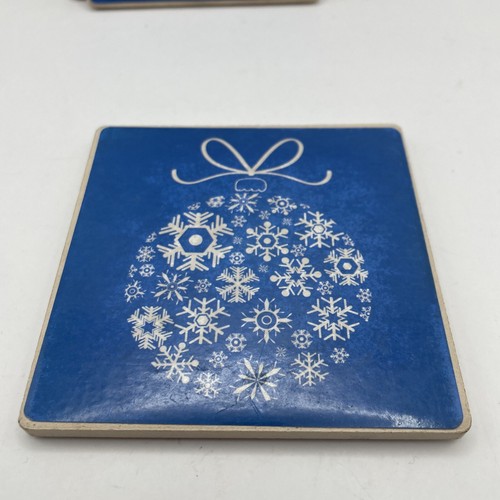Snowflake Cork Back Ceramic Coasters Bright Blue & White Vintage Ornament Design - Picture 2 of 8