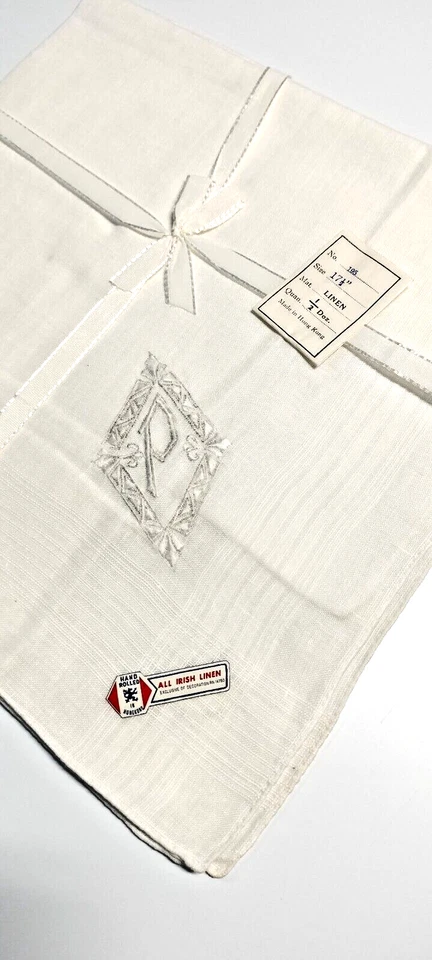 New Hand rolled white all Irish Linen men's handkerchief pack of 6 with initials - Image 2 of 4