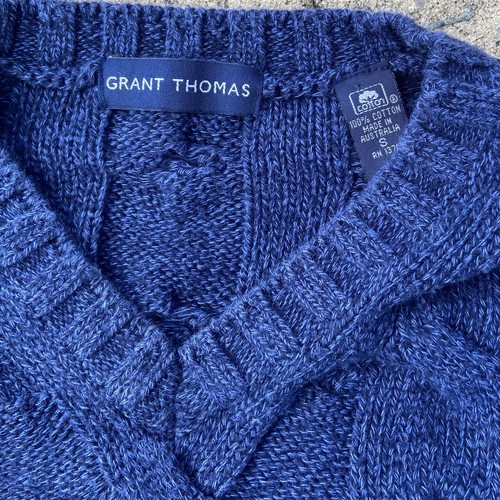 GRANT THOMAS Sweater Mens S 100% Cotton Cable Knit Pullover Long Sleeve Sapphire - Picture 2 of 7