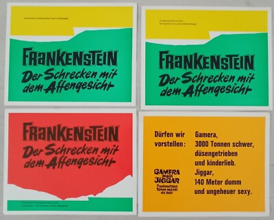 E163 4x TEXTTAFEL Aushangfotos GAMERA GEGEN JIGGAR / FRANKENSTEIN Der Schrecken