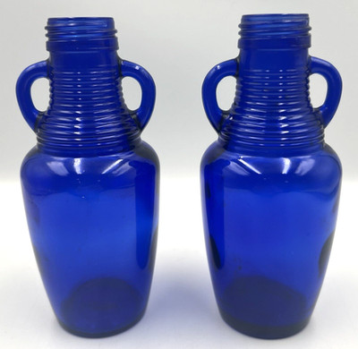 2 Luna Cafe Cobalt Blue Ribbed Two-Handled Bottle 7'' Madera Glass Co Vintage 90s