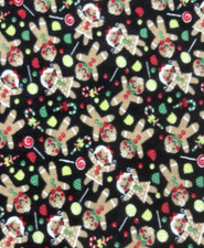 Christmas Gingerbread Men Candy Canes on Black Anti-Pill Fleece Fabric BTY 50