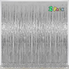 2 PCS Silver Tinsel Foil Fringe Backdrop Curtains Photo Streamer 3.2x8 FT