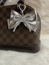 Bowknot Heart Keychain Bag Charm Faux Leather Bow Key Rings Silver New