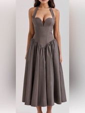 House of CB Gray Halter Maxi Dress | Drop Waist Corset | 90s Minimalist Romantic