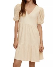 Mango MNG Puff Sleeve Dress Size 6 Cream NEW With Tags