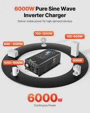 Pure Sine Wave Inverter Charger, 6000 Watt, Compatible with Various Batteries