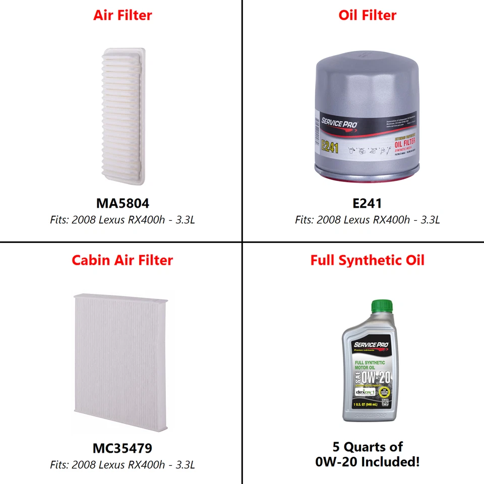 Fits: 2008 Lexus RX400h 3.3L Complete Air, Oil & Cabin Filter Kit (0W-20) - Imagem 2 de 4