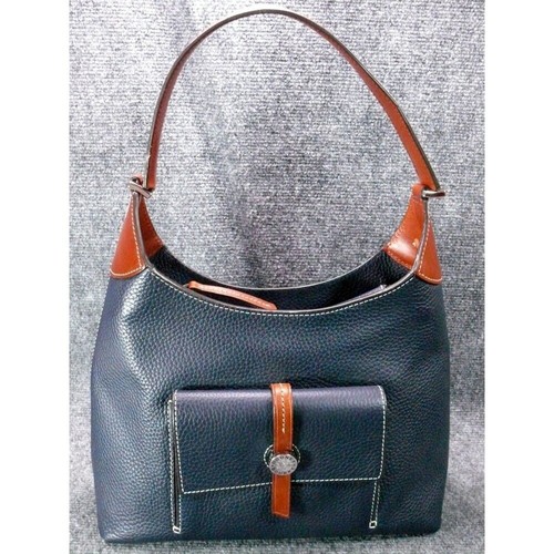 Bolso de Hombro Dooney & Bourke Azul Marino Cuero Guijarro Borde Marrón Cartera Mediana