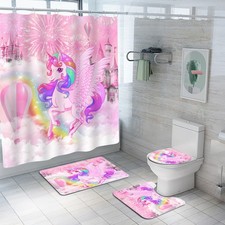 4Pcs Unicorn Kids Shower Curtain Set with Memory Bath Mat, Non-Slip Bathroom ...