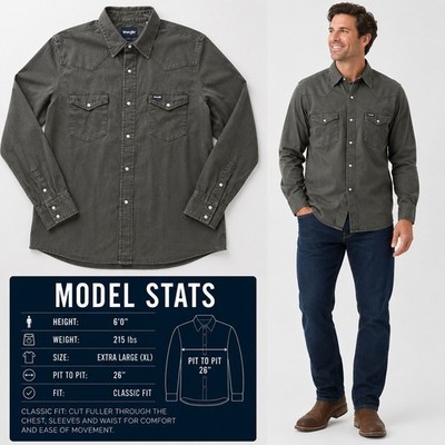 Wrangler Brushpropper Mens XL Grey Green Western Pearl Snap Shirt WTMH72412