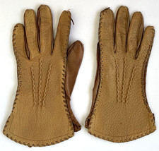 Women's Leather Gloves 2-Tone Brown Buttery Soft Trim Stitching Vintage